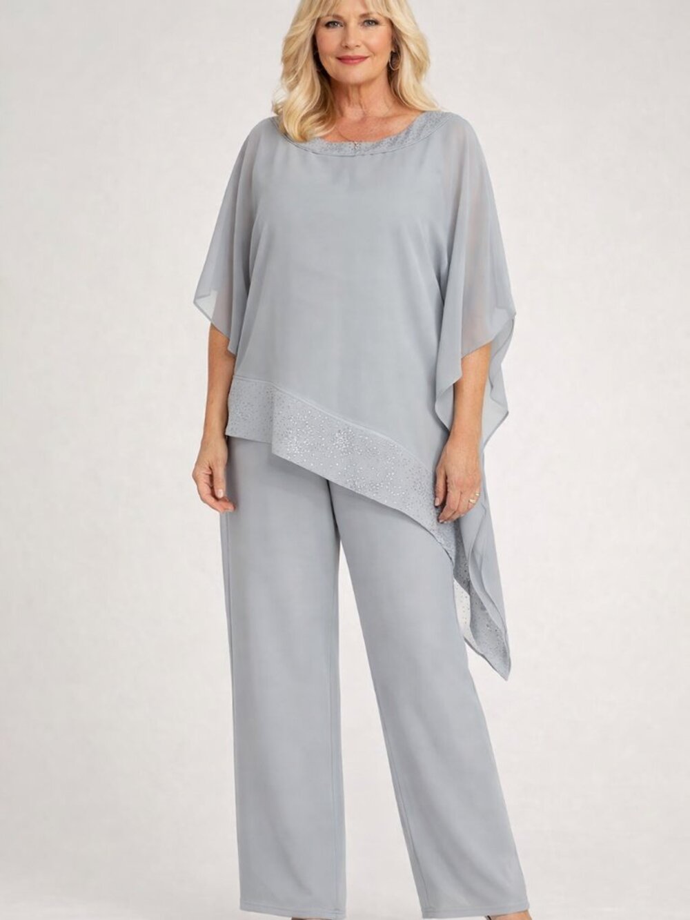 Elegant Light Gray Chiffon Pant Set Women's Occasion Wear-Mother of Bride/Groom
